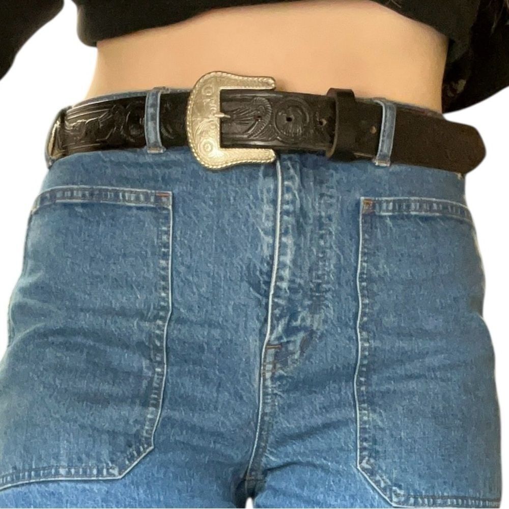 Western Embossed Tooled Leather Metal Detail Handmade Belt Black and Silver